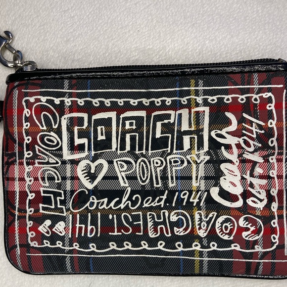 Coach Poppy Red Black Silver Glitter Tartan Plaid Zip Wristlet Patent Trim. Rare - Picture 2 of 12